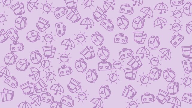 Pattern of umbrellas, suns, and backpacks on a purple background. Perfect for travel or summerthemed designs and social media posts.