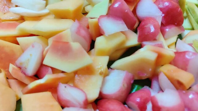 Fresh Mixed Fruit Salad Close Up &ndash; Colorful Tropical Fruits Background