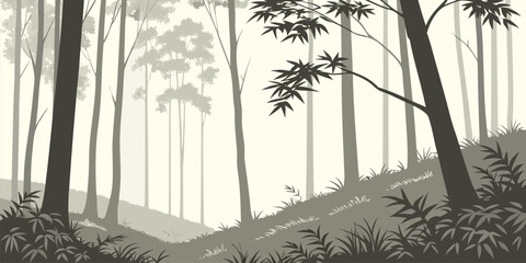 Artistic bamboo mural wallpaper in tropical watercolor style with abstract flowing background composition. © Rahim