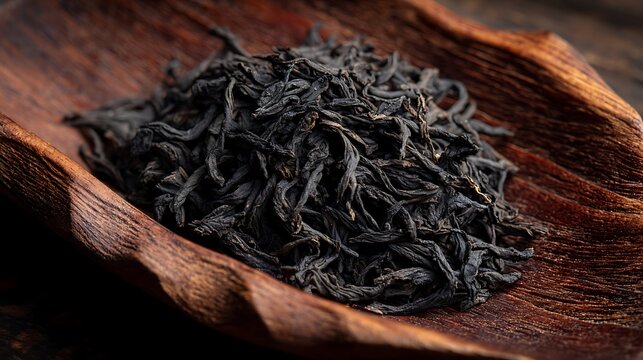 Close up macro shot of loose dry black tea leaves artfully arranged in a rustic wooden bowl showcasing rich earthy tones and intricate textures under warm moody lighting perfect