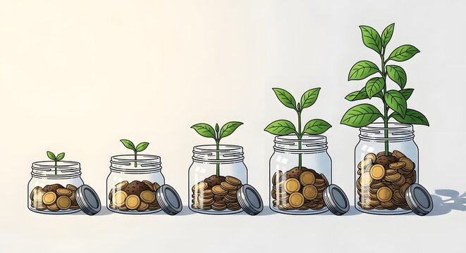 Growth savings jars with money and plants illustration