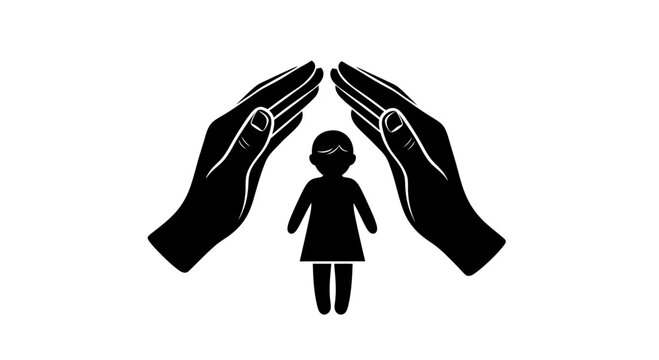 Illustration of protective hands shielding a child silhouette.