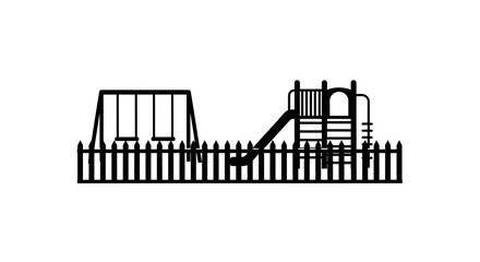 Naklejka premium Black silhouette of a children playground with swings and a slide behind a wooden fence.