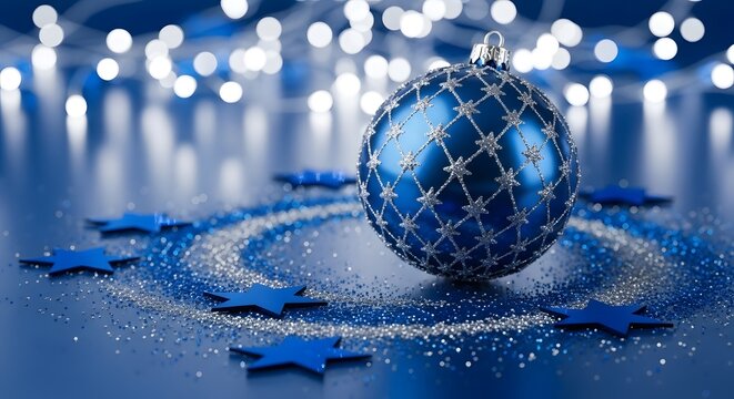 Blue Christmas ornament with stars and glitter on dark background