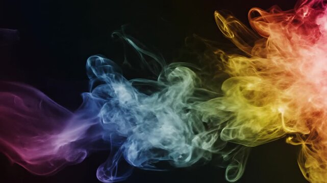 Colorful smoke plume dissolving into rainbow colors against a dark background, abstract fluid motion, atmospheric element