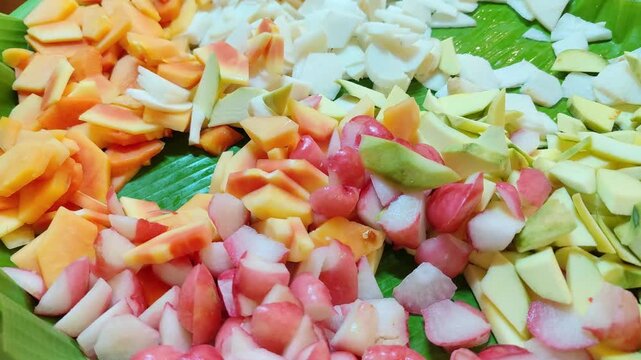Fresh Mixed Fruit Salad Close Up &ndash; Colorful Tropical Fruits Background