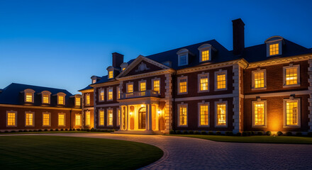 Naklejka premium Luxury brick estate with illuminated windows at blue hour