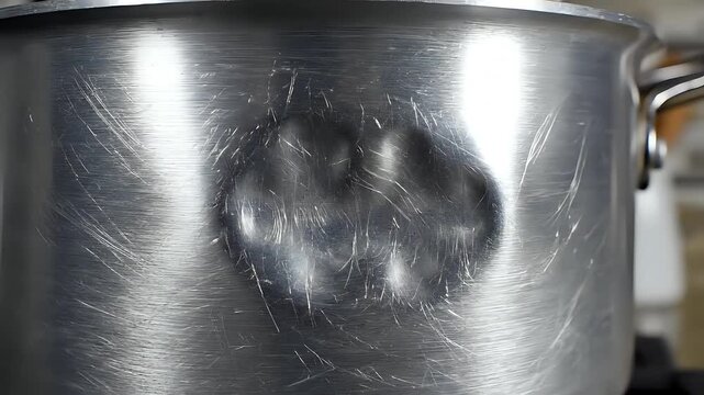 Closeup of a dented and scratched aluminum cooking pot.