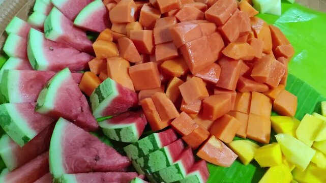 Fresh Mixed Fruit Salad Close Up &ndash; Colorful Tropical Fruits Background