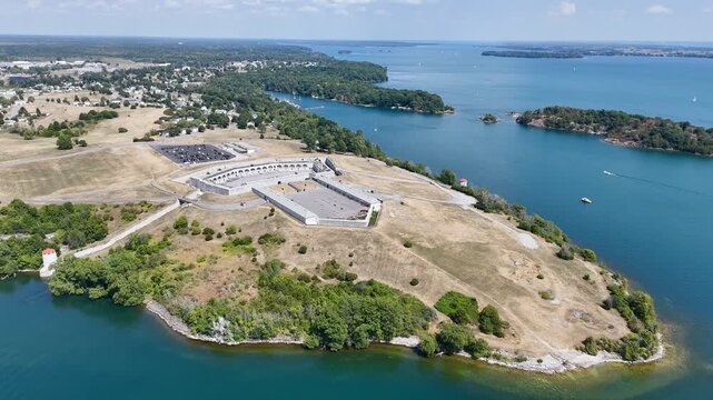 Aerial view of Kingston waterfront and Fort Henry, Ontario, Canada with harbor, marina and cityscape on sunny day. g.