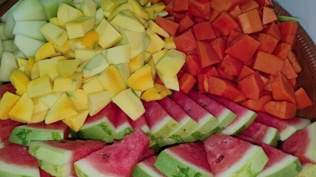 Fresh Mixed Fruit Salad Close Up &ndash; Colorful Tropical Fruits Background