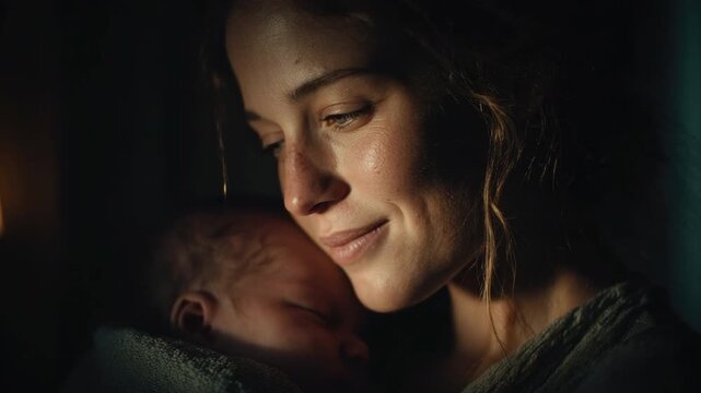 Tender Embrace of Motherhood: A mother's loving gaze as she cradles her newborn baby in a moment of pure tenderness, filled with warmth and affection.