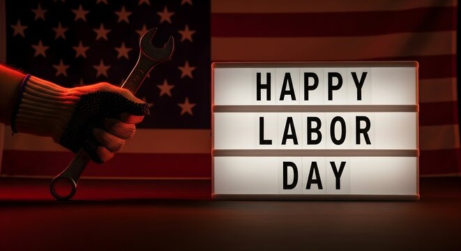 happy labor day sign with roasted turkey and american flag background
