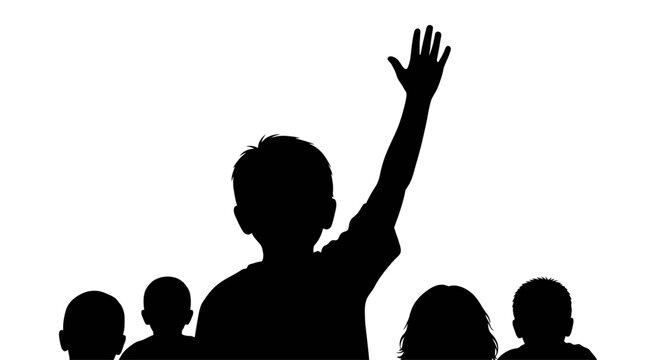 Silhouette of a student raising hand in classroom.
