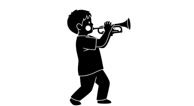 Silhouette of a young boy playing a trumpet.