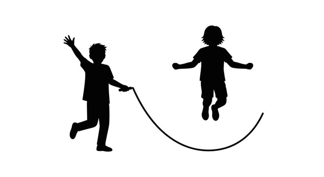 Silhouette of two children playing with a jump rope.