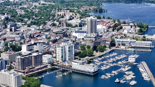 Aerial view of Kingston Ontario waterfront marina, harbor and city skyline on Lake Ontario, Canada. g.