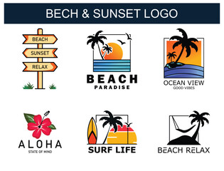 Beach and sunset logo set with palm trees, surfboards, hammock, aloha flower, ocean view, and tropical signs. Modern summer vector perfect for branding, travel, resort, and lifestyle use. © JAVASTUDIO99