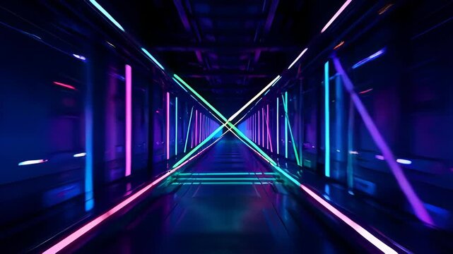 Neon tunnel light corridor futuristic hallway blue pink abstract interior perspective with glowing light bars dark passage illuminated path digital space and glowing x shape futuristic tunnel design