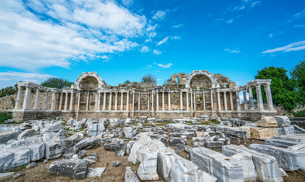 The scenic views of the nympheum, originally natural grottoes, which tradition assigned as habitations to the local nymphs in Side, Turkey.