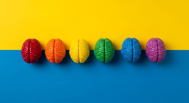 Human brain models in vibrant colors arranged in a horizontal line on a split background. Top-down studio shot. This setup is ideal for neurodiversity awareness and mental health campaigns.
