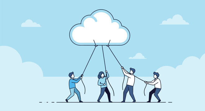 Four people pulling ropes to hold up a large white cloud in a blue sky with fluffy clouds