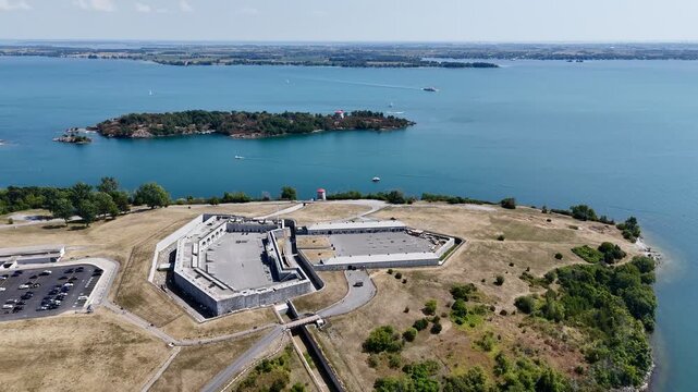 Aerial view of Kingston waterfront and Fort Henry, Ontario, Canada with harbor, marina and cityscape on sunny day. g.