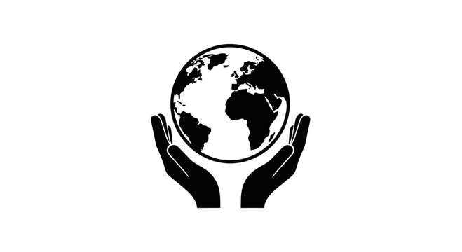 Black silhouette of human hands holding the planet earth globe icon.