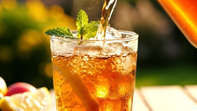 Iced tea with lemon and mint being poured into a glass filled with ice on a sunny day, refreshing summer drink, close-up shot