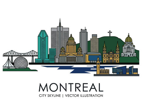 Montreal City Skyline Vector Illustration featuring Famous Landmarks like the Biosphere, Saint Joseph's Oratory, and Mount Royal Cross, Modern Flat Urban Landscape Design.