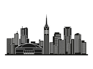 Fukuoka City Skyline Silhouette Vector Illustration - Minimalist Japan Cityscape with Fukuoka Tower and PayPay Dome Icons © Tutik