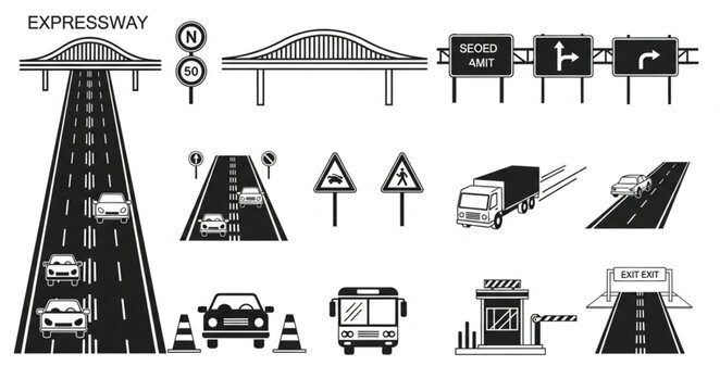 Collection of Transportation and Roadway Icons and Illustrations.