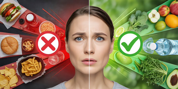 Healthy eating versus unhealthy fast food comparison with woman split image