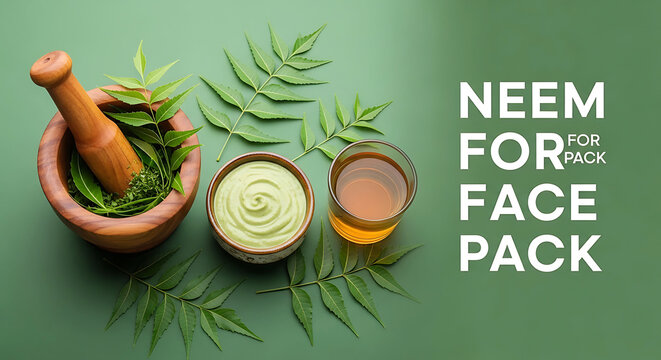 Natural Neem Face Pack Ingredients Displayed With Mortar Pestle And Glass