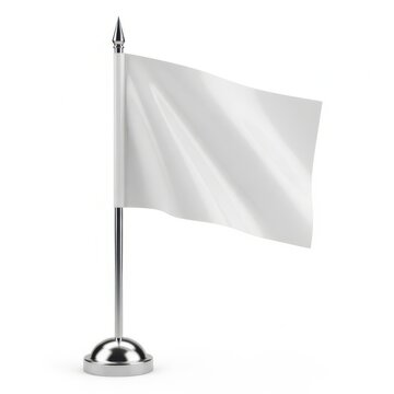 Blank white table flag on a shiny metal pole stand