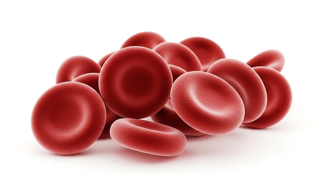 Red blood cells showing biconcave disc shape isolated on a bright white background with sharp focus. This macro shot emphasizes hematology. Ideal for medical textbook and healthcare advertising.