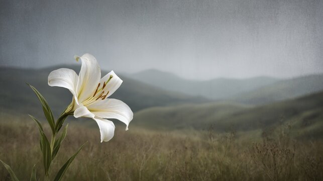 Surreal yet poignant capture of a single white lily in nature's embrace serene landscape artistic perspective