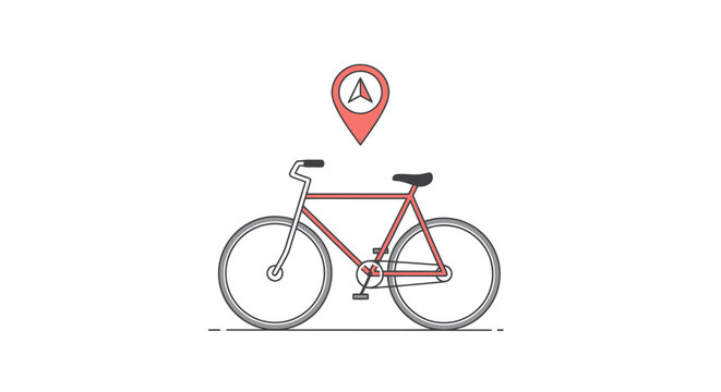 Urban transport concept featuring a classic bicycle with a location marker pin above indicating a destination or route for cycling adventures and city exploration navigation