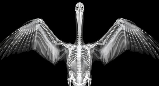 Avian skeletal radiograph features the detailed bone structure of a bird with spread wings. The monochrome image highlights the rib cage and spine. This is ideal for veterinary educational materials.