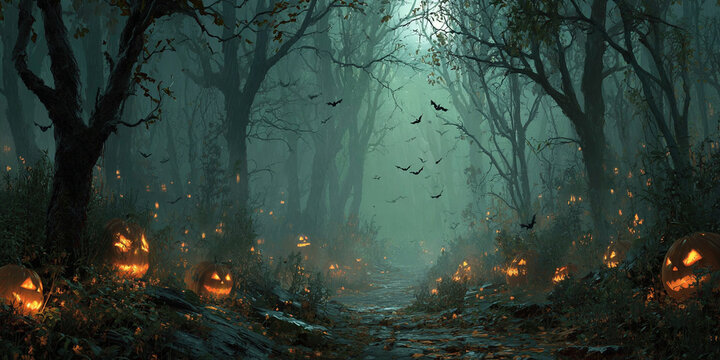 Creepy forest path lined with jack olanterns, eerie atmosphere, misty night, bats flying, autumn leaves, spooky scene