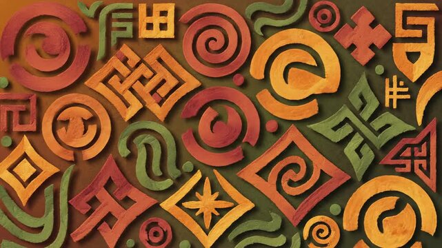 rich ethnic pattern of abstract tribal symbols, swirled geometric shapes and ancient motifs in earthy tones of orange, red and green, texture overlay, cultural heritage
