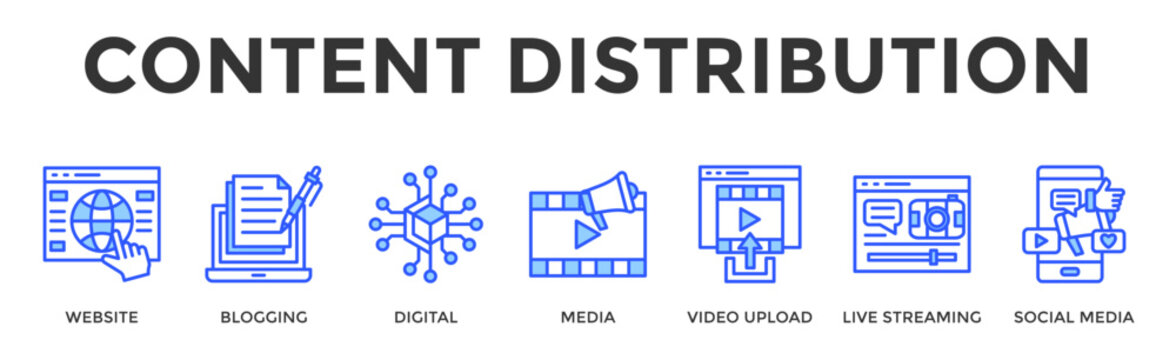 Content Distribution  Banner Web  Icon Set Collection Pack Vector Illustration Concept Containing Website, Blogging, Digital, Media, Video Upload, Live Streaming, Social Media