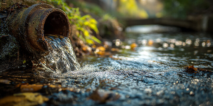 Dirty wastewater flows from drain pipe into stream, highlighting water pollution and environmental concerns
