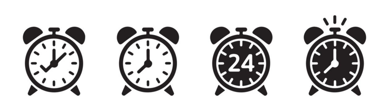 Alarm clock icon collection with check mark and twenty four hour service symbols in black flat vector illustration.