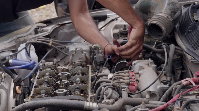 Mechanic works carefully on engine components. Hands grip tools near engine's intake manifold. Focus suggests skilled maintenance work. Ideal for automotive repair or workshop themes