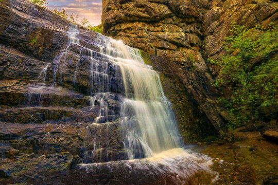 Gadelsha waterfall is the largest waterfall in the Southern Urals on a summer sunny day