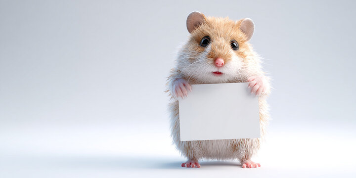 Cute hamster standing and holding blank sign, showcasing playful and adorable expression