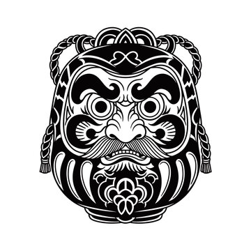 A detailed black and white illustration of a traditional Japanese Daruma doll's face, featuring intricate patterns and a stern expression.
