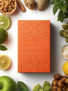 An elegant, embossed orange packaging box set against a minimalist flat lay of fresh herbs and botanical elements. Surrounded by vibrant citrus, green apples, and rustic seeds, this image captures.