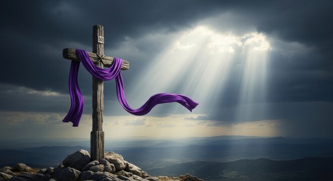Wooden Christian cross with purple fabric on a hill, dramatic divine light rays through dark storm clouds, religious Easter and Lent concept